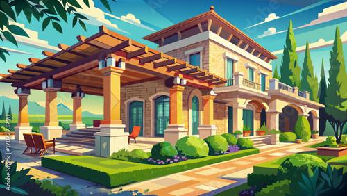 Stunning fragment of a European luxury villa, featuring natural stone facades, wooden pergolas, wide terraces, and lush gardens, radiating harmony, timeless style, and modern sophistication.