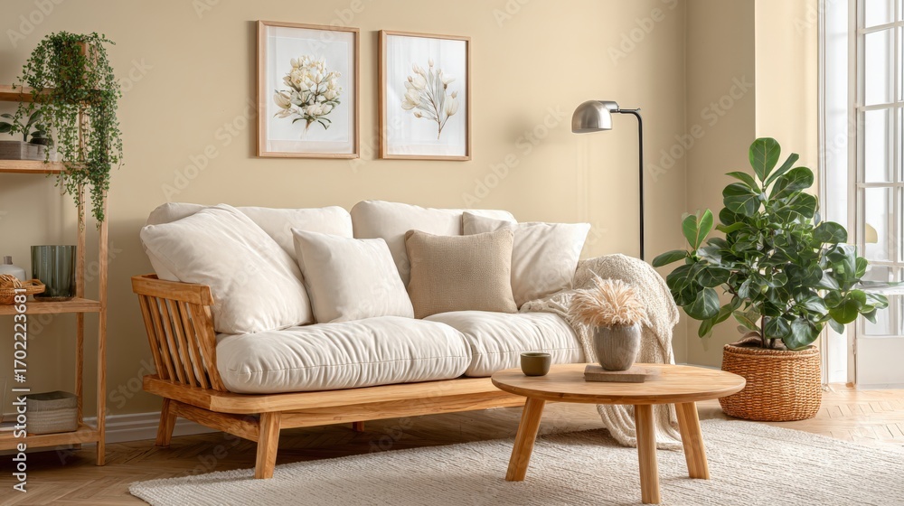 Naklejka premium Cozy Living Room Interior with Natural Wood Sofa, Plants, and Earthy Tones for Relaxation