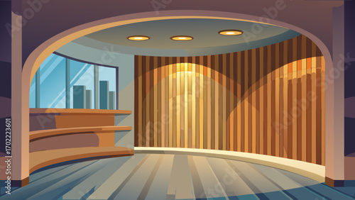 Vector art of futuristic interior with wooden wall, window, and curved shelves in a cartoon vector illustration style for modern design concepts