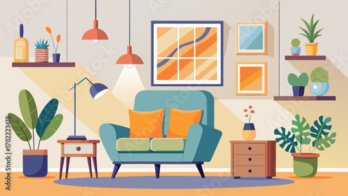 Vector art of stylish living room interior with sofa, pictures, shelves, lamps, plants, and side tables in a flat vector illustration style for decoration