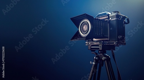 Vintage Camera on Wooden Tripod Isolated in Moody Dark Blue Studio Lighting, 3D Rendered Realistic Illustration.