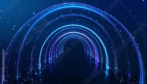 A digital tunnel of glowing arcs, emitting light particles, fading into darkness. Rendered in a cool, blue gradient