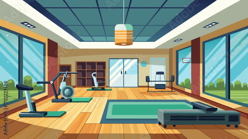 Vector art of bright gym interior with exercise equipment, panoramic windows, and wooden floors, creating a motivating space for fitness and wellness activities