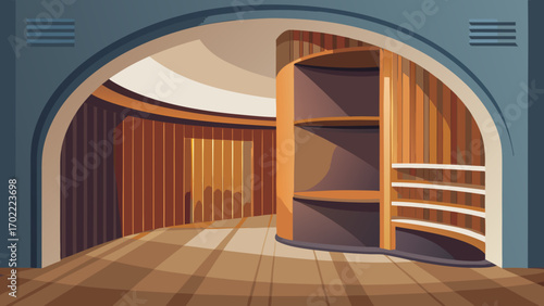 Vector art of elegant interior design with a curved wall and wooden accents, showcasing a modern and sophisticated architectural style in a spacious room