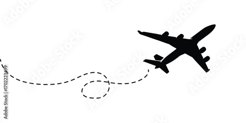 Airplane silhouette with dotted flight path trajectory line and loop