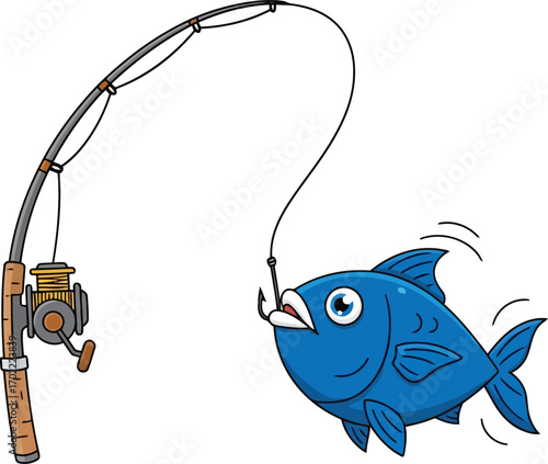 Funny blue fish caught fishing rod cartoon vector vector