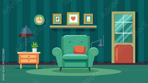 Vector art of a cozy green living room featuring a comfortable armchair, a side table with a lamp, and framed artwork, creating a relaxing and inviting atmosphere