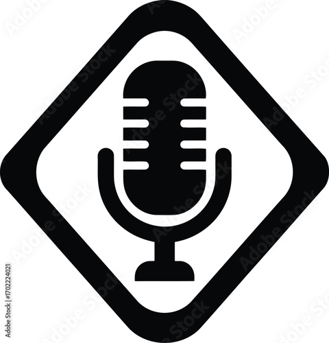 Podcast microphone icon in warning diamond for audio broadcast and recording vector