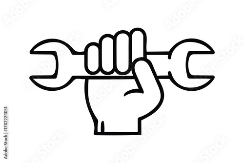 Hand holding wrench icon outline symbol for repair maintenance service and tools