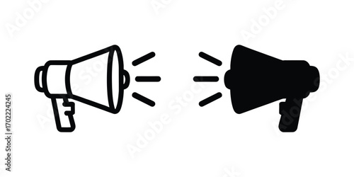 Two megaphone icons one outline one solid symbolizing broadcast and announcement