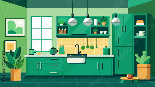 Vector art of stylish green kitchen interior with modern design, featuring sleek cabinets, countertops, and decor, creating a vibrant and inviting space, vector illustration