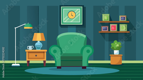 Vector art of cozy green living room interior with armchair, lamp, and decor, creating a relaxing and inviting space for leisure and comfort, vector illustration