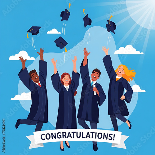 Happy Graduates Celebrating Success Throwing Caps in the Air Graduation Ceremony