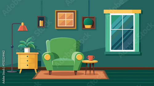 Vector art of inviting living room interior with green armchair, wooden side table, floor lamp, picture frames, and window, creating a cozy and stylish atmosphere