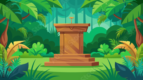 Vector art of a mysterious jungle scene with a wooden podium in the center, surrounded by lush green vegetation and trees, creating an adventurous atmosphere