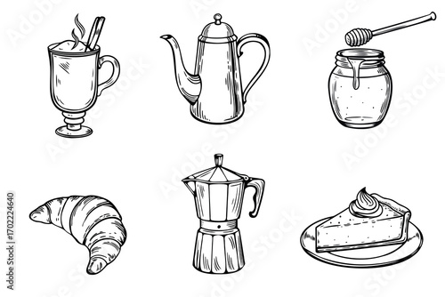 A collection of hand-drawn breakfast items including a cup of coffee, teapot, honey jar, croissant, moka pot, and slice of cheesecake.