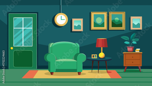 Vector art of inviting living room interior with green armchair, door, clock, pictures, lamp, and table, creating a cozy and stylish space for relaxation and leisure