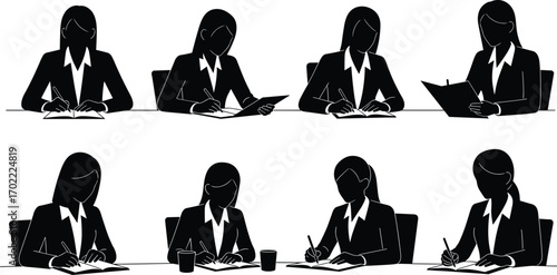 Professional businesswoman writing notes and reading documents at desk, focused female employee, office workspace, productivity, corporate attire, work environment, businesswoman silhouette