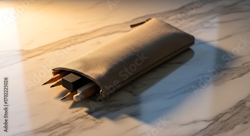 Wallpaper Mural Stylish pencil pouch with creative tools on elegant marble surface Torontodigital.ca