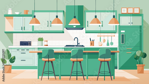 Vector art of stylish kitchen interior with island, cabinets, and bar stools, creating a cozy and inviting space for cooking, dining, and socializing