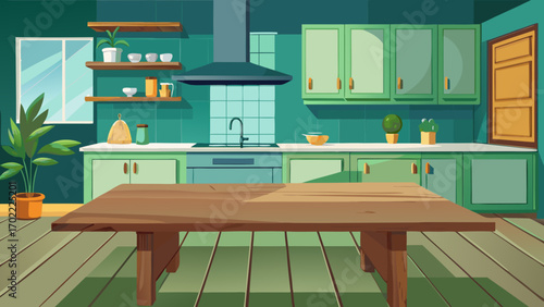 Vector art of cozy kitchen interior with wooden table and green cabinets, creating a warm and inviting atmosphere for cooking and dining in a modern home