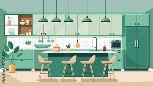 Vector art of stylish kitchen interior with island, bar stools, and modern appliances, designed for culinary creativity and social gatherings in a contemporary home