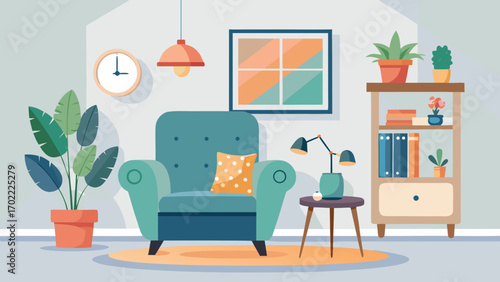 Vector art of cozy living room interior with armchair, plants, and decor, creating a comfortable and inviting space for relaxation and leisure time