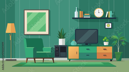 Vector art of green living room interior with armchair, tv, potted plants, and decor, creating a serene and stylish home environment for relaxation