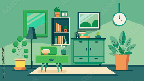 Vector art of stylish green living room interior with furniture, potted plants, and decor, creating a comfortable and inviting home environment