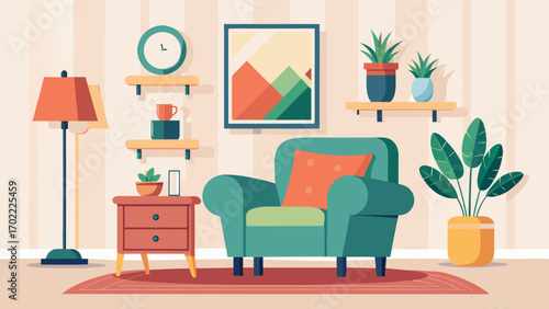 Vector art of cozy living room interior with armchair, lamp, shelves, and plants, creating a warm and inviting atmosphere for relaxation and comfort