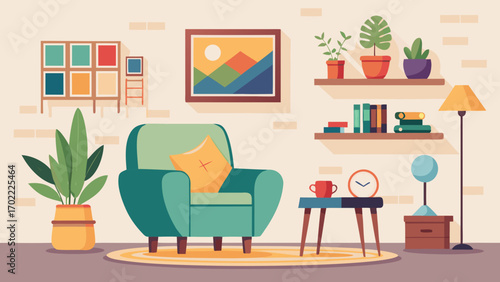 Vector art of inviting living room interior with armchair, shelves, plants, and artwork, creating a comfortable and stylish space for relaxation and enjoyment