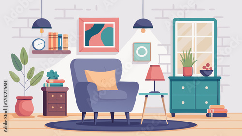 Vector art of cozy living room interior with armchair, lamp, plants, and decorations, creating a warm and inviting atmosphere for relaxation and comfort