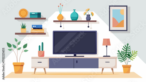 Vector art of bright living room interior with tv, shelves, plants, and decorative objects, creating a modern and stylish space for relaxation and entertainment
