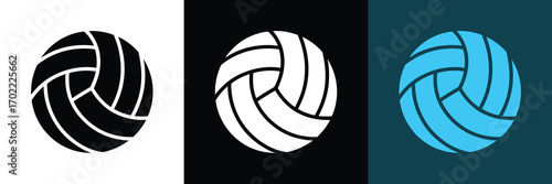Set of three volleyball icons in black, white, and blue on different backgrounds