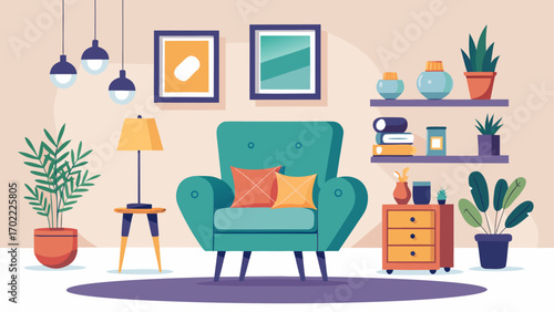 Vector art of cozy living room interior with armchair, plants, and decor, creating a warm and inviting space for relaxation and comfort in a stylish home
