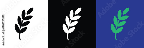 Three stylized plant sprigs in black, white, and green on different backgrounds