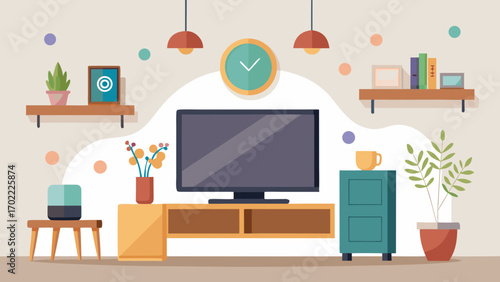 Vector art of a cozy living room with a tv, shelves, and plants creates a warm and inviting space for relaxation and entertainment at home