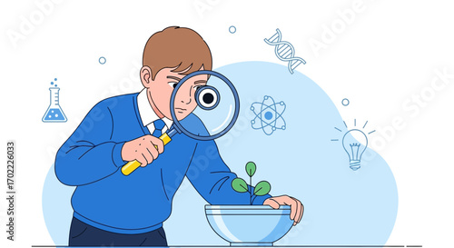 A boy studying plants with a magnifying glass, exploring science and education