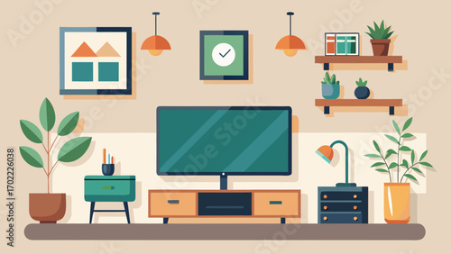 Vector art of modern living room interior with tv, plants, and stylish decor, creating a comfortable and inviting space for relaxation and entertainment