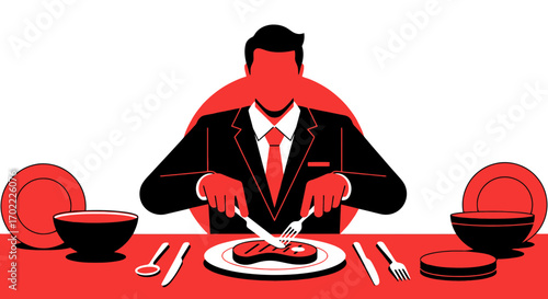 A businessman sitting and eating a steak at a restaurant in graphic illustration style