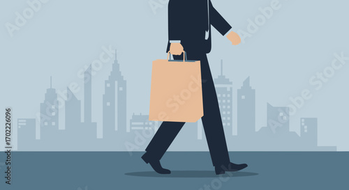 A Businessman Walks In The City While Holding A Shopping Bag For Shopping Or Work