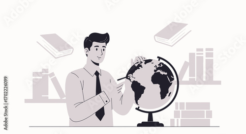 A businessman studying a globe with books in the background, educational and travel concept