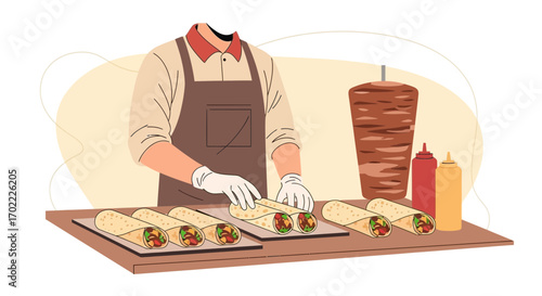 A cartoon illustration of a shawarma being prepared by a chef in a restaurant