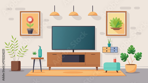 Vector art of cozy living room interior with a television, plants, and decorative elements creating a comfortable and inviting atmosphere for relaxation