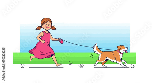 A Cartoon Illustration of a Girl Running and Playing with Her Happy Dog Outside
