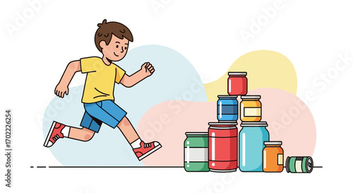 A cartoon illustration of a young boy running towards stacking jars and cans