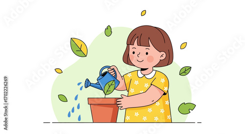 A young girl watering a plant in a cartoonish illustration of nurturing and growth