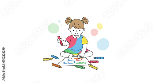 A Young Girl Drawing with Crayons, Creative Art And Childhood Illustration