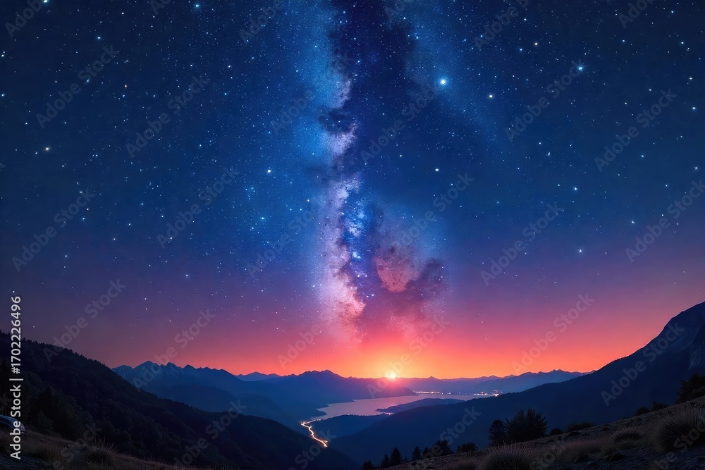 Fototapeta premium A breathtaking night sky ablaze with countless stars, illuminating the landscape below with a soft, ethereal glow Perfect for astronomy, travel, and nature themes , scenery, illumination, wonder
