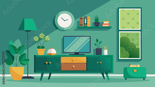 Vector art of cozy living room interior with green walls, furniture, and decorations, creating a comfortable and inviting space for relaxation and leisure
